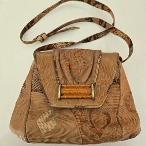 Vintage Sharif Tan & Brown Embossed Leather Patchwork Crossbody Shoulder Bag